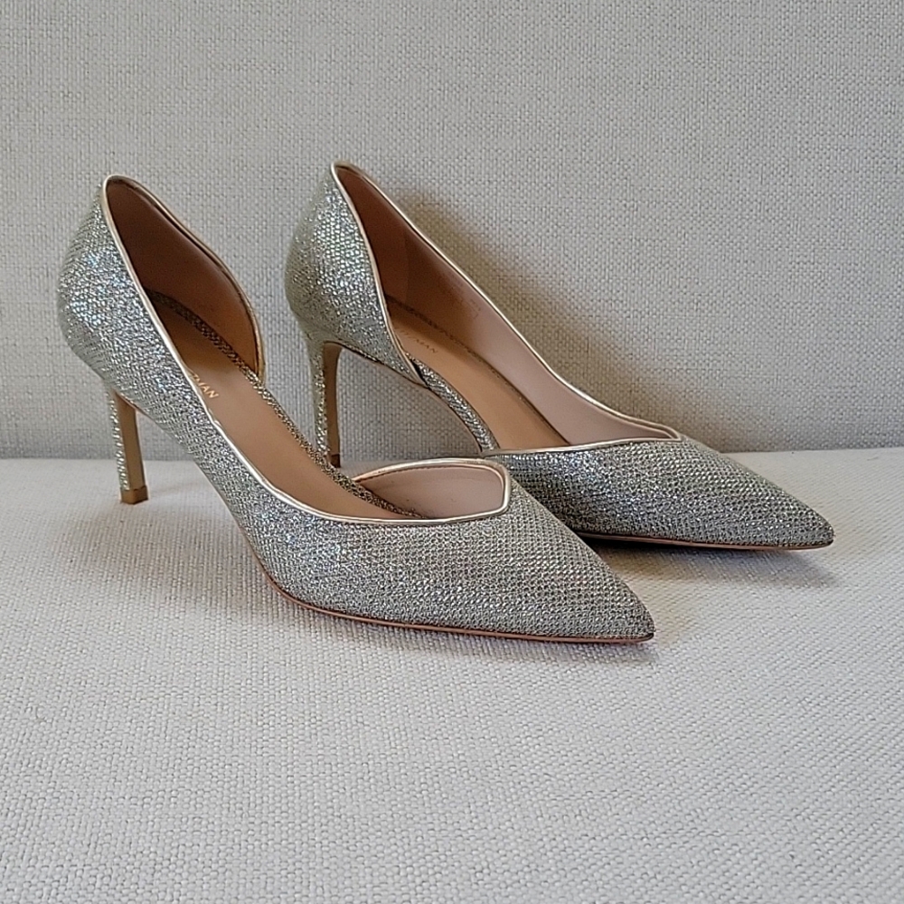 $450 Stuart Weitzman Avenue 75 Silver Metallic Sparkle Kitten Heels point 7.5